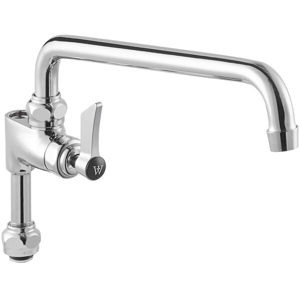 A chrome Waterloo pre-rinse add-on faucet with a 12-inch swing spout, 1.8 GPM aerator, and a lever handle.