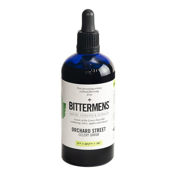 A 5 fl. oz. bottle of Bittermens Orchard Street Celery Shrub cocktail flavoring with a dropper top.
