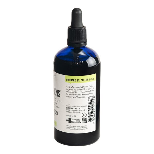 A blue glass bottle of Bittermens Orchard Street Celery Shrub with a dropper cap.