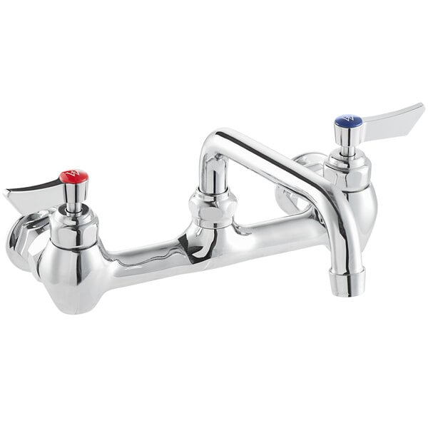 A chrome wall-mount faucet with an 8-inch swing spout, 8-inch centers, and lever handles for hot and cold water.
