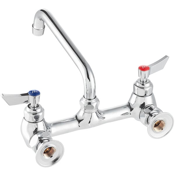 A chrome wall-mount faucet with an 8-inch swing spout, two lever handles marked for hot and cold, and 8-inch centers.