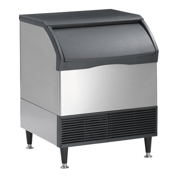 A stainless steel undercounter ice machine with a black top and front panel, designed for commercial use.