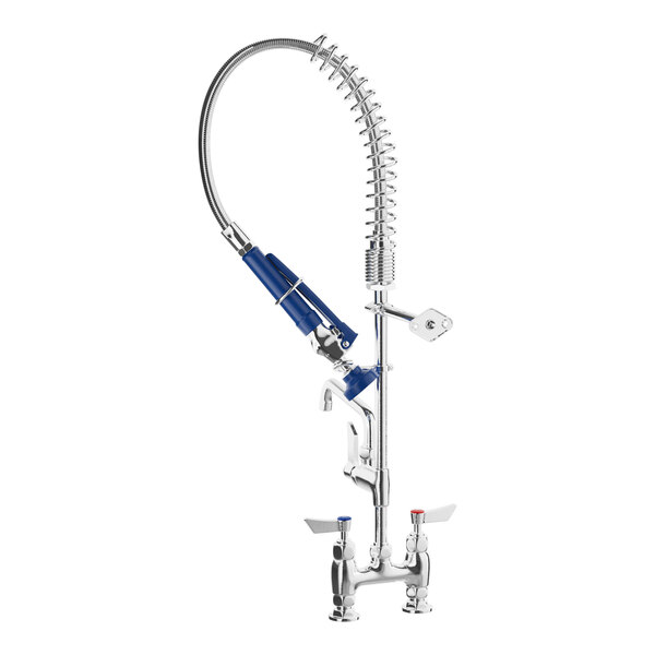 A commercial low-profile deck-mount pre-rinse faucet with a flexible hose and an add-on faucet.