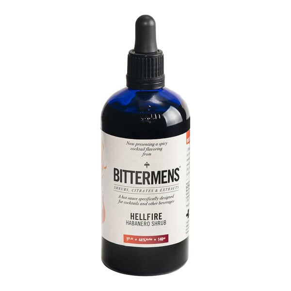 A 5 fl. oz. bottle of Bittermens Hellfire Habanero Shrub, a spicy cocktail flavoring extract.