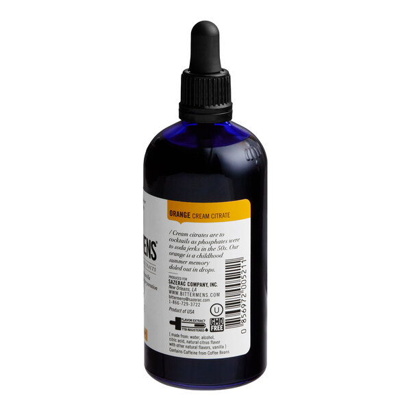 A blue glass bottle of Bittermens Orange Cream Citrate with a dropper cap, containing 5 fl. oz.