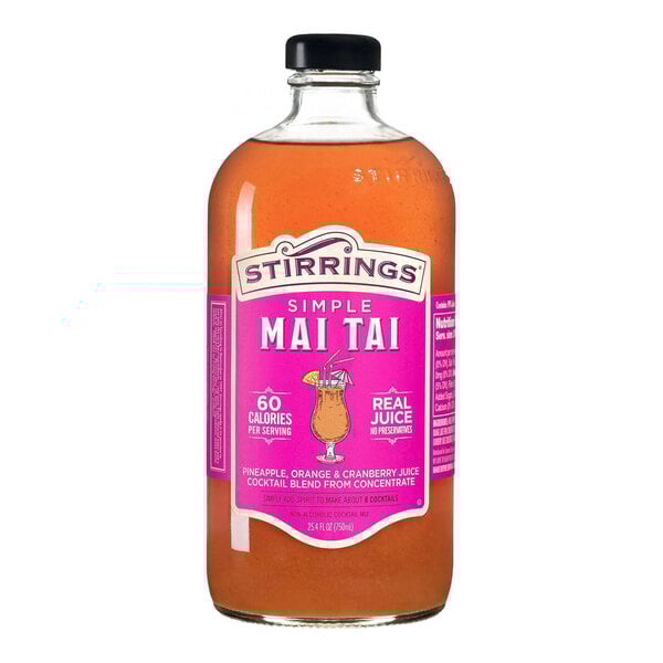 A 750 mL bottle of Stirrings Simple Mai Tai cocktail mix.