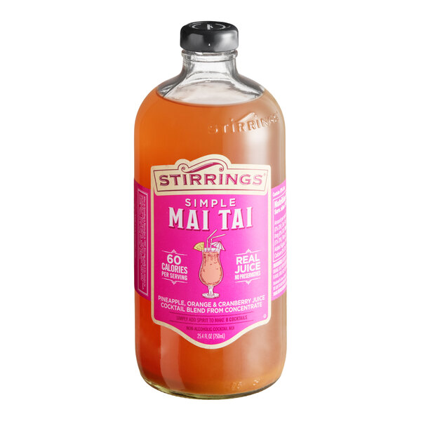A 750 mL bottle of Stirrings Simple Mai Tai Mix, a cocktail blend featuring pineapple, orange, and cranberry juice.