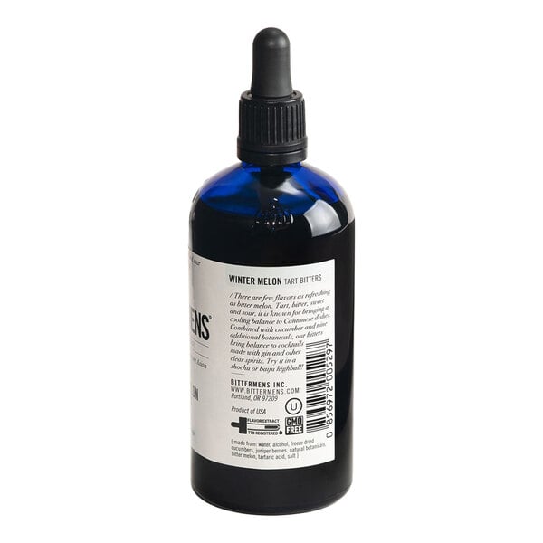 A 5 fl. oz. bottle of Bittermens Winter Melon Tart Bitters with a dropper cap.