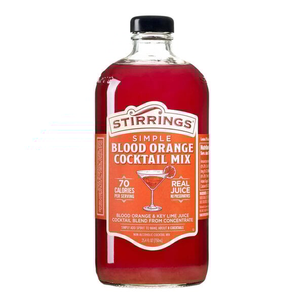 A 750 mL bottle of Stirrings Blood Orange Cocktail Mix.