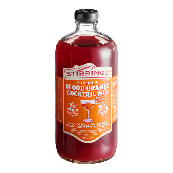 A 750 mL bottle of Stirrings Blood Orange Cocktail Mix.