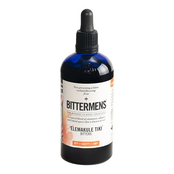 A 5 fl. oz. bottle of Bittermens 'Elemakule Tiki' Bitters with a dropper cap.