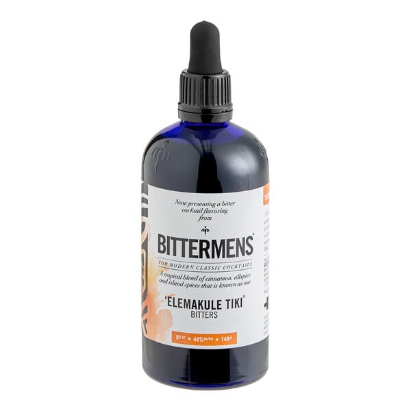 A 5 fl. oz. bottle of Bittermens 'Elemakule Tiki Bitters with a dropper cap.