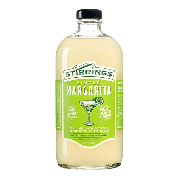 A 750 mL bottle of Stirrings Simple Margarita Mix.