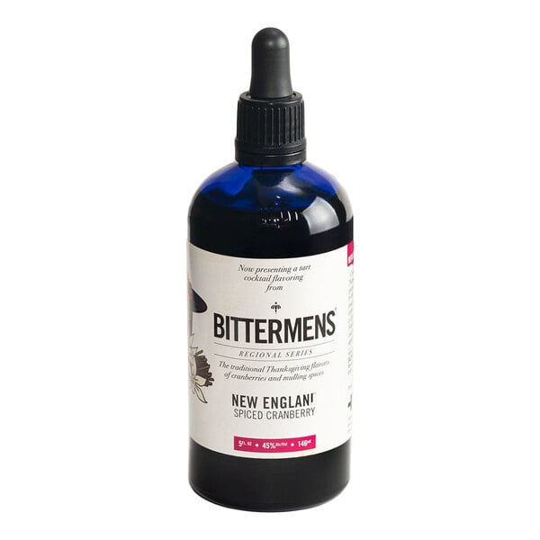 A 5 fl. oz. bottle of Bittermens New England Spiced Cranberry Bitters with a dropper top.