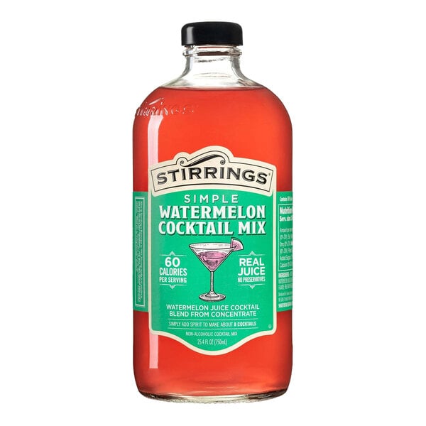 A 750 mL bottle of Stirrings Simple Watermelon Cocktail Mix.