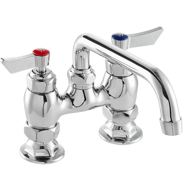 A chrome deck-mount faucet with an 8-inch swing spout, 4-inch centers, and lever handles for hot and cold water.