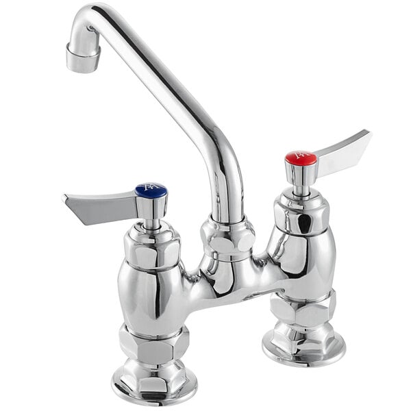 A chrome deck-mount faucet with an 8-inch swing spout, 4-inch centers, and lever handles for hot and cold water.