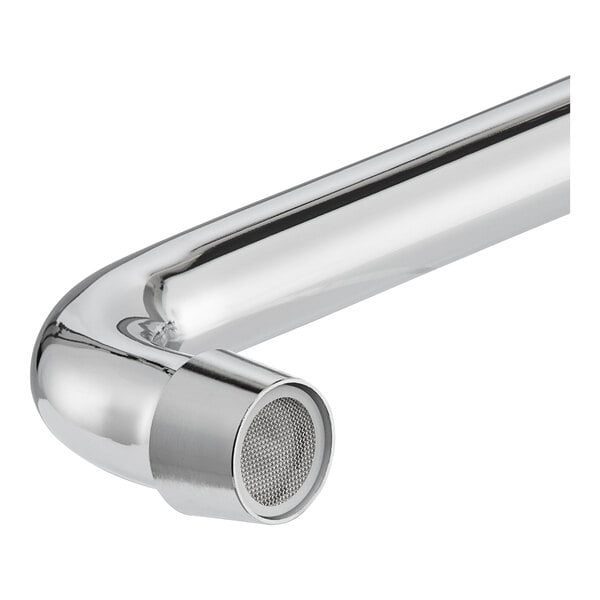 A chrome deck-mount faucet spout with a mesh aerator at the tip.