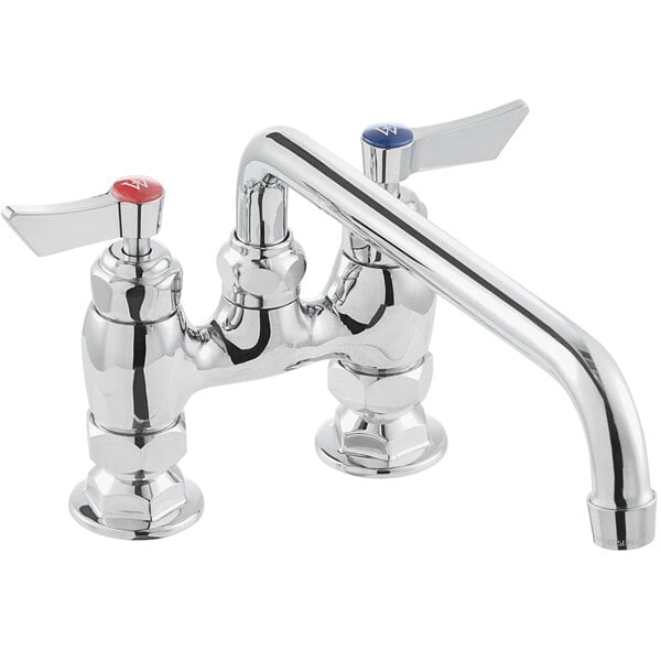 A chrome deck-mount faucet with a 12-inch swing spout, 4-inch centers, and lever handles for hot and cold water.
