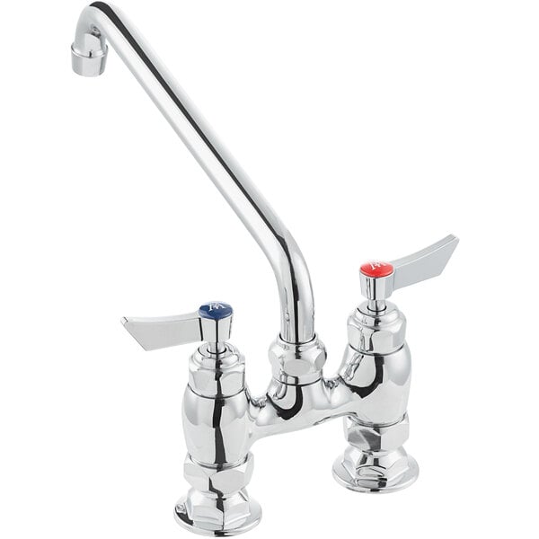 A chrome deck-mount faucet with a 12-inch swing spout, 4-inch centers, and lever handles for hot and cold water.