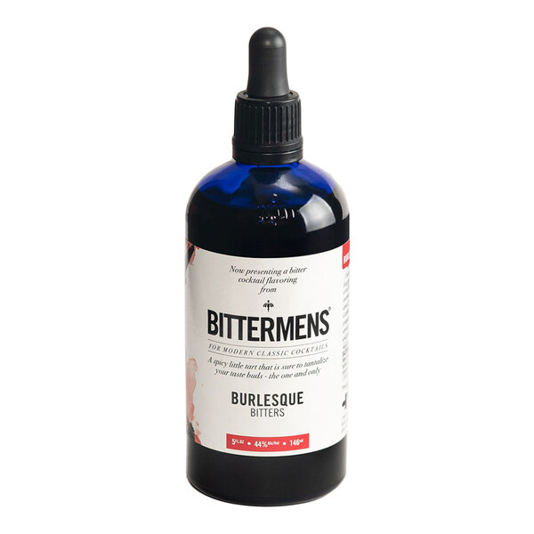A 5 fl. oz. bottle of Bittermens Burlesque Bitters with a dropper cap.
