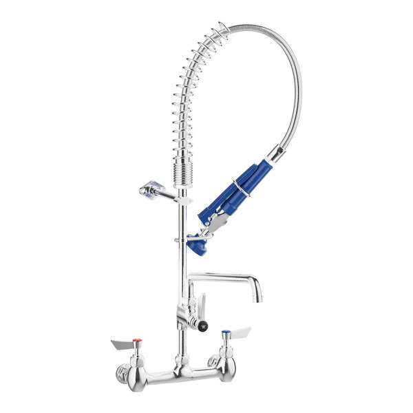 A low-profile wall-mount pre-rinse faucet with an 8-inch center and a 12-inch add-on faucet, featuring a flexible hose and spray nozzle.
