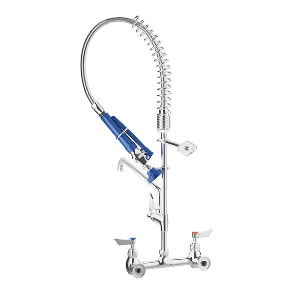 A commercial wall-mount pre-rinse faucet with a flexible hose, spray nozzle, and dual lever handles.