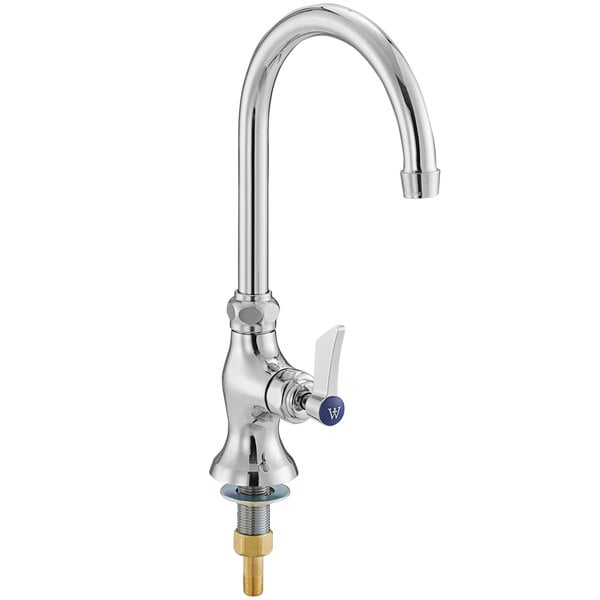A deck-mount single inlet faucet with a 6-inch gooseneck spout and a single temperature lever handle.