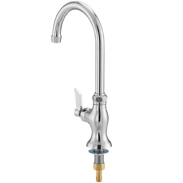 A deck-mount single inlet faucet with a 6-inch gooseneck spout and a single temperature lever handle.