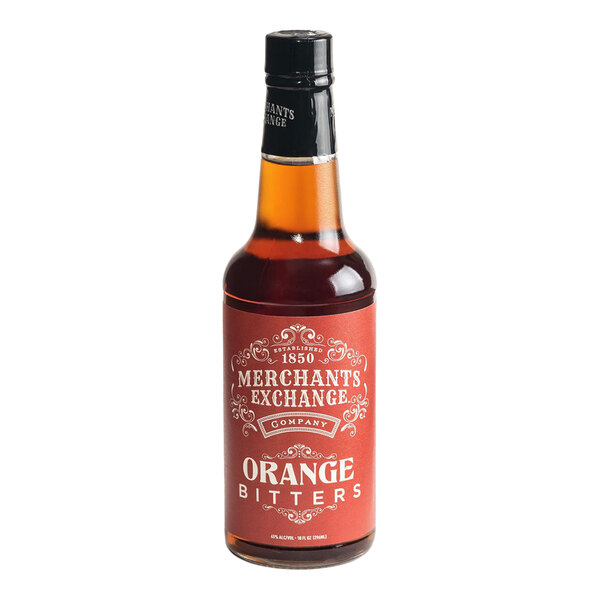 A bottle of Merchants Exchange Orange Bitters with a red label.