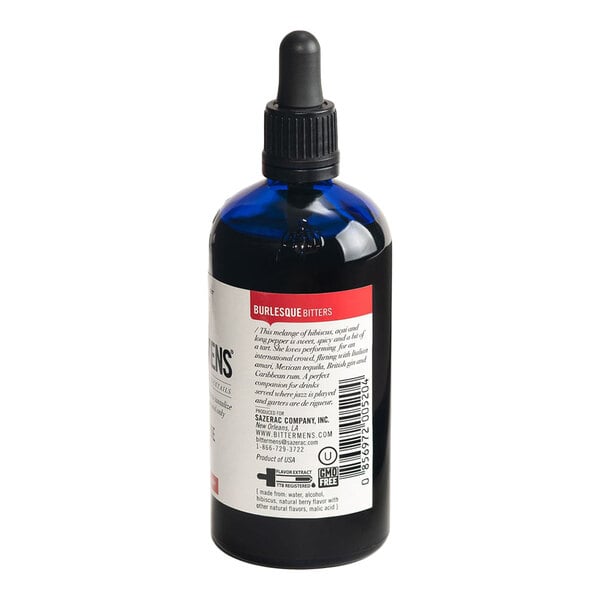 A 5 fl. oz. bottle of Bittermens Burlesque Bitters with a dropper cap.