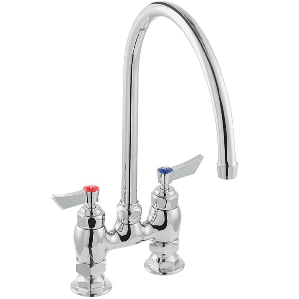 A chrome deck-mount faucet with a 10-inch gooseneck spout, 4-inch centers, and lever handles for hot and cold water.