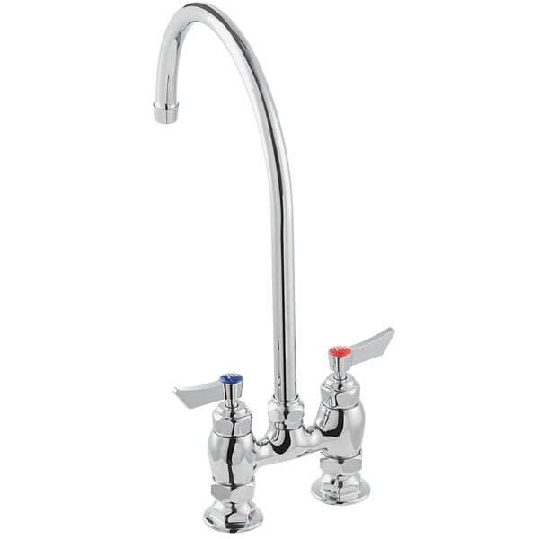A chrome deck-mount faucet with a 10-inch gooseneck spout, 4-inch centers, and lever handles for hot and cold water.