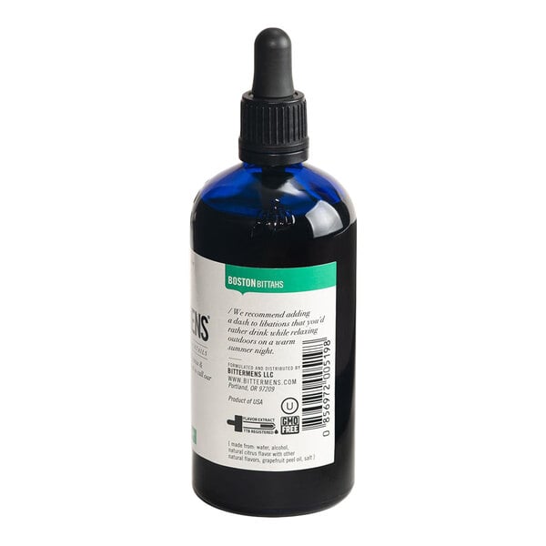 A 5 fl. oz. bottle of Bittermens Boston Bittahs Bitters with a dropper cap.