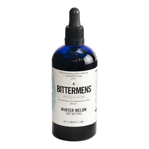 A 5 fl. oz. bottle of Bittermens Winter Melon Tart Bitters with a dropper cap.