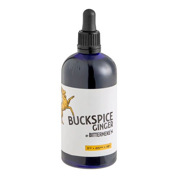 A 5 fl. oz. bottle of Bittermens Buckspice Ginger Bitters with a dropper cap.