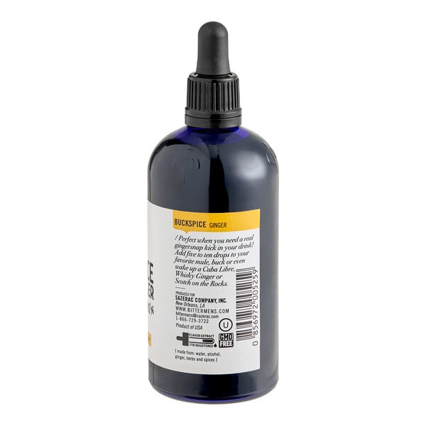 A 5 fl. oz. bottle of Bittermens Buckspice Ginger Bitters with a dropper cap.