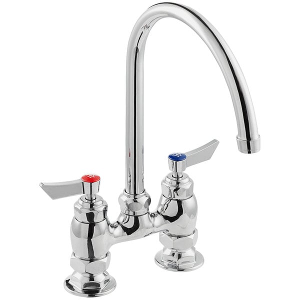 A chrome deck-mount faucet with an 8-inch gooseneck spout, 4-inch centers, and lever handles for hot and cold water.