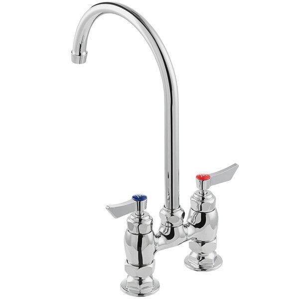 A chrome deck-mount faucet with an 8-inch gooseneck spout, 4-inch centers, and lever handles for hot and cold water.