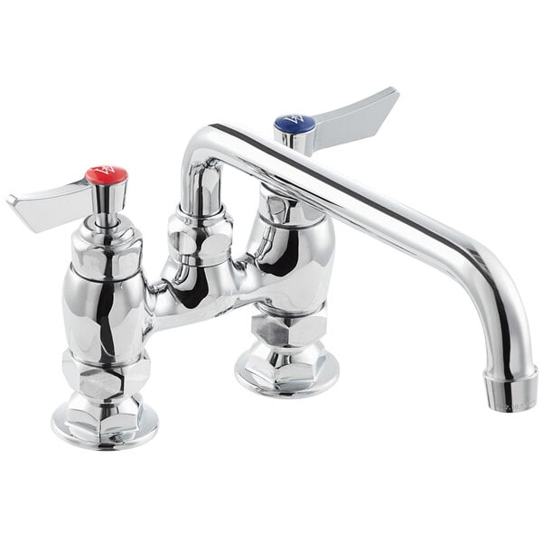 A chrome deck-mount faucet with a 10-inch swing spout, 4-inch centers, and lever handles for hot and cold water.