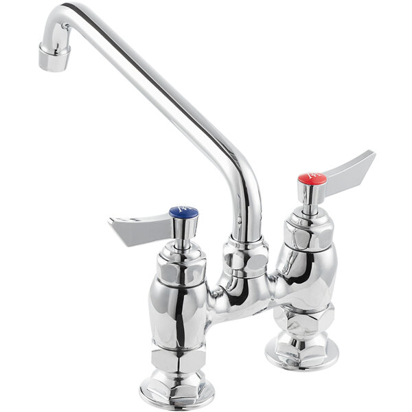 A chrome deck-mount faucet with a 10-inch swing spout, 4-inch centers, and lever handles for hot and cold water.