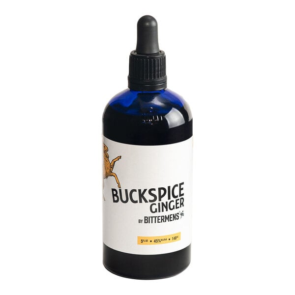 A 5 fl. oz. bottle of Bittermens Buckspice Ginger Bitters with a dropper cap.
