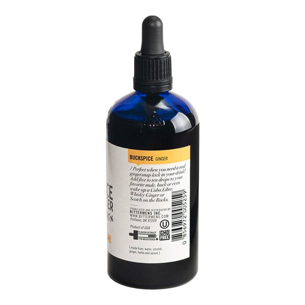 A 5 fl. oz. bottle of Bittermens Buckspice Ginger Bitters with a dropper cap.