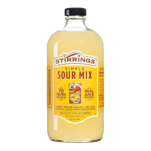 A 750 mL bottle of Stirrings Simple Sour Mix, a non-alcoholic cocktail mixer made with lemon, orange, and key lime juice.
