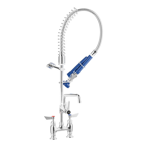 A commercial low-profile deck-mount pre-rinse faucet with a flexible hose, spray nozzle, and an 8-inch add-on faucet.