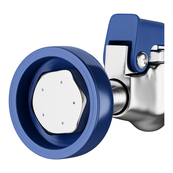 A low-profile deck-mount pre-rinse faucet with a blue and silver finish, featuring a 4-inch center and an 8-inch add-on faucet.