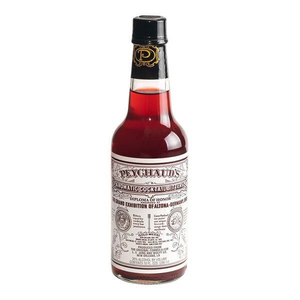 A 10 fl. oz. bottle of Peychaud's Aromatic Cocktail Bitters.