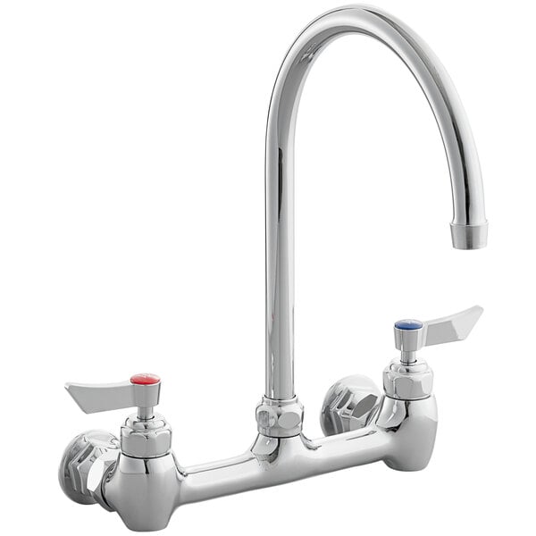 A chrome wall-mount faucet with an 8-inch gooseneck spout, 8-inch centers, and lever handles for hot and cold water.