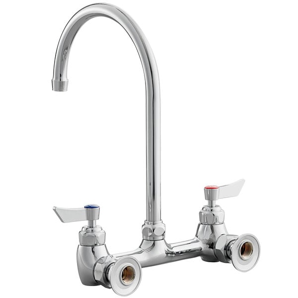 A wall-mount faucet with an 8-inch gooseneck spout, 8-inch centers, and lever handles for hot and cold water.
