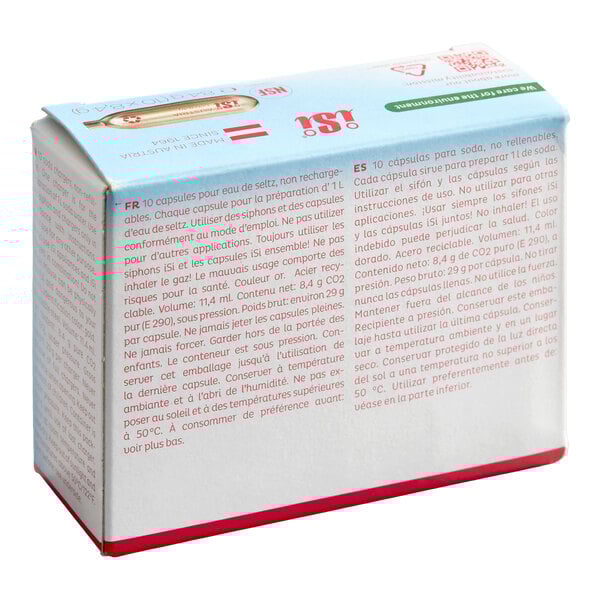 A box of iSi CO2 soda charger capsules for use with compatible soda siphons, containing 10 single-use chargers.